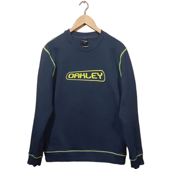 Oakley Men's Overlock Sweater 472546 Foggy Blue Yellow Stitching Pullover Large - Picture 3 of 7